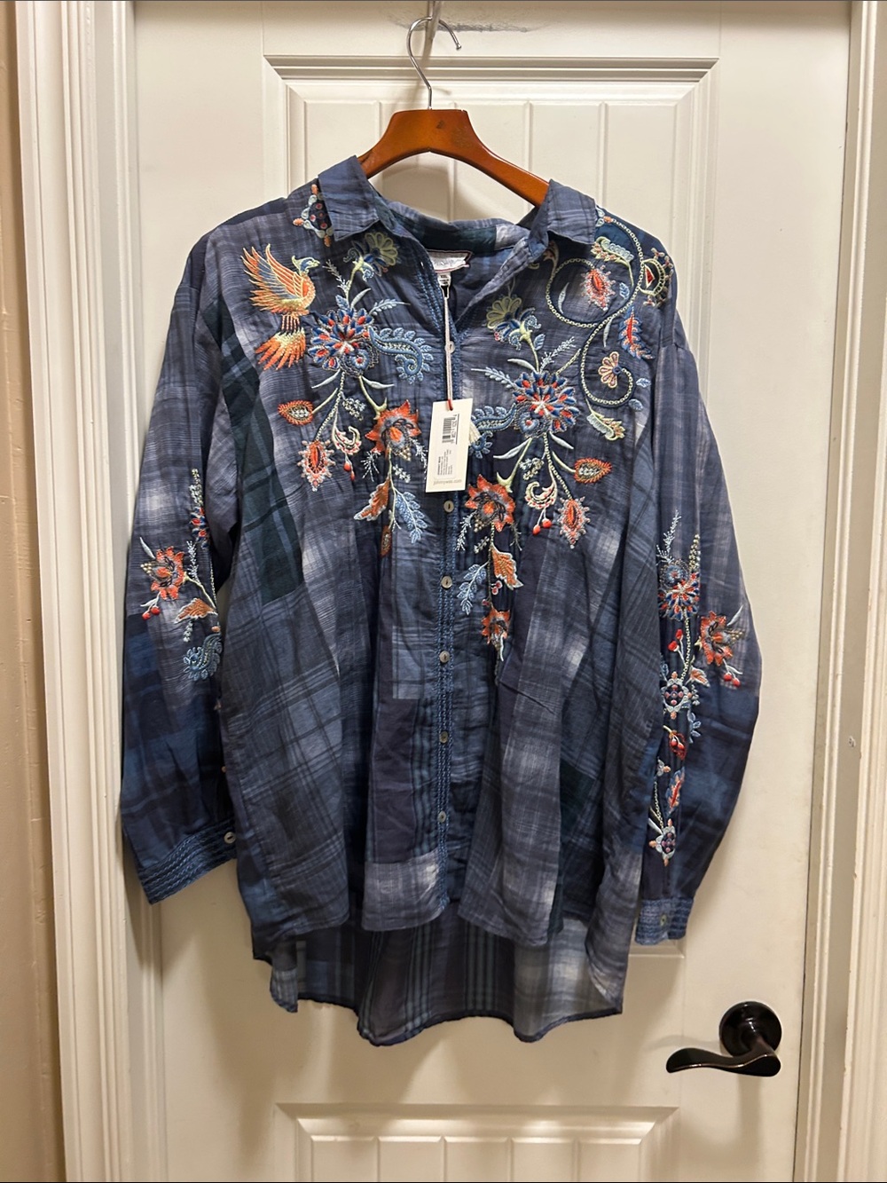 NWT Johnny Was Navy Plaid Button-Down Shirt with Multicolor Floral Embroidery
